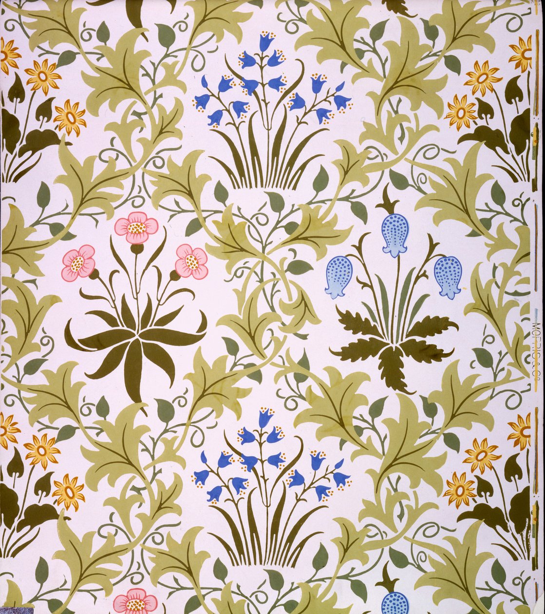 Celandine Wallpaper Design, myöhään 1896 (värillinen puupainatus paperille) tekijältä John Henry Dearle
