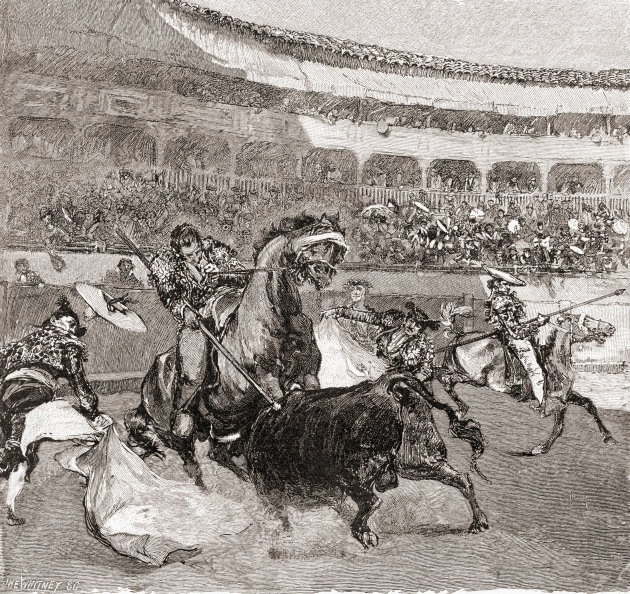 Härkätaistelu Sevillassa, Espanjassa, The Century Illustrated Monthly Magazine, julkaistu 1884 (puukaiverrus) tekijältä John Henry Ellsworth Whitney