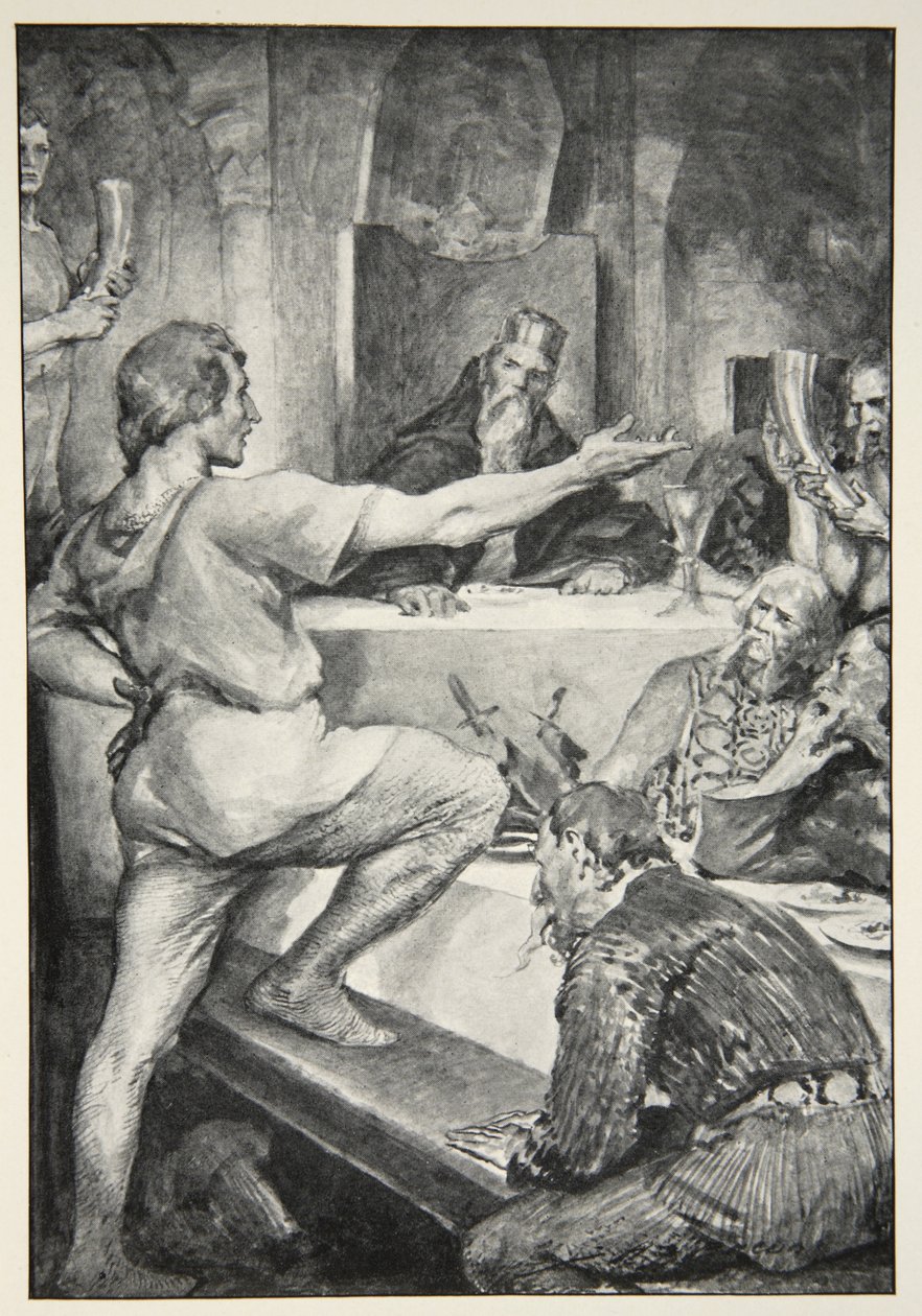 Beowulf vastaa ylpeästi Hunferthille M.I.:n teoksesta Hero Myths and Legends of the British Race. Ebbutt, 1910 tekijältä John Henry Frederick Bacon