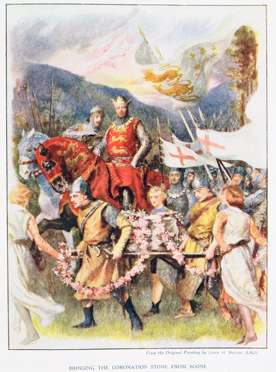 Bringing the Coronation Stone of Scone, kuvitus "Stories of Royal Children from English Storiesista", Doris Ashley, julkaisija Raphael Tuck, 1920 tekijältä John Henry Frederick Bacon