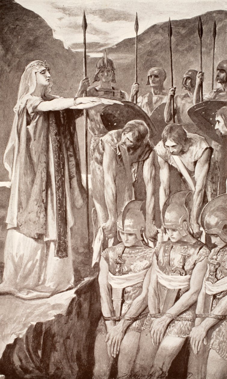 Deirdren valitus, kuvitus Charles Squiren teoksesta "Celtic Myth and Legend", 1905 tekijältä John Henry Frederick Bacon