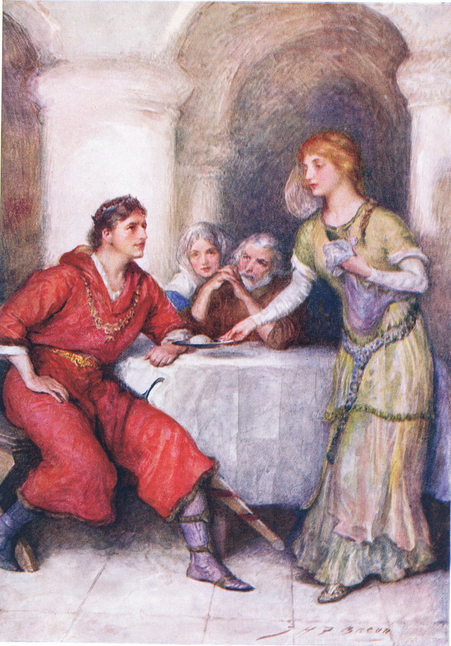 Enid Waits Upon Geraint, kuvitus lastentarinoihin Tennysonista, Nora Chesson tekijältä John Henry Frederick Bacon