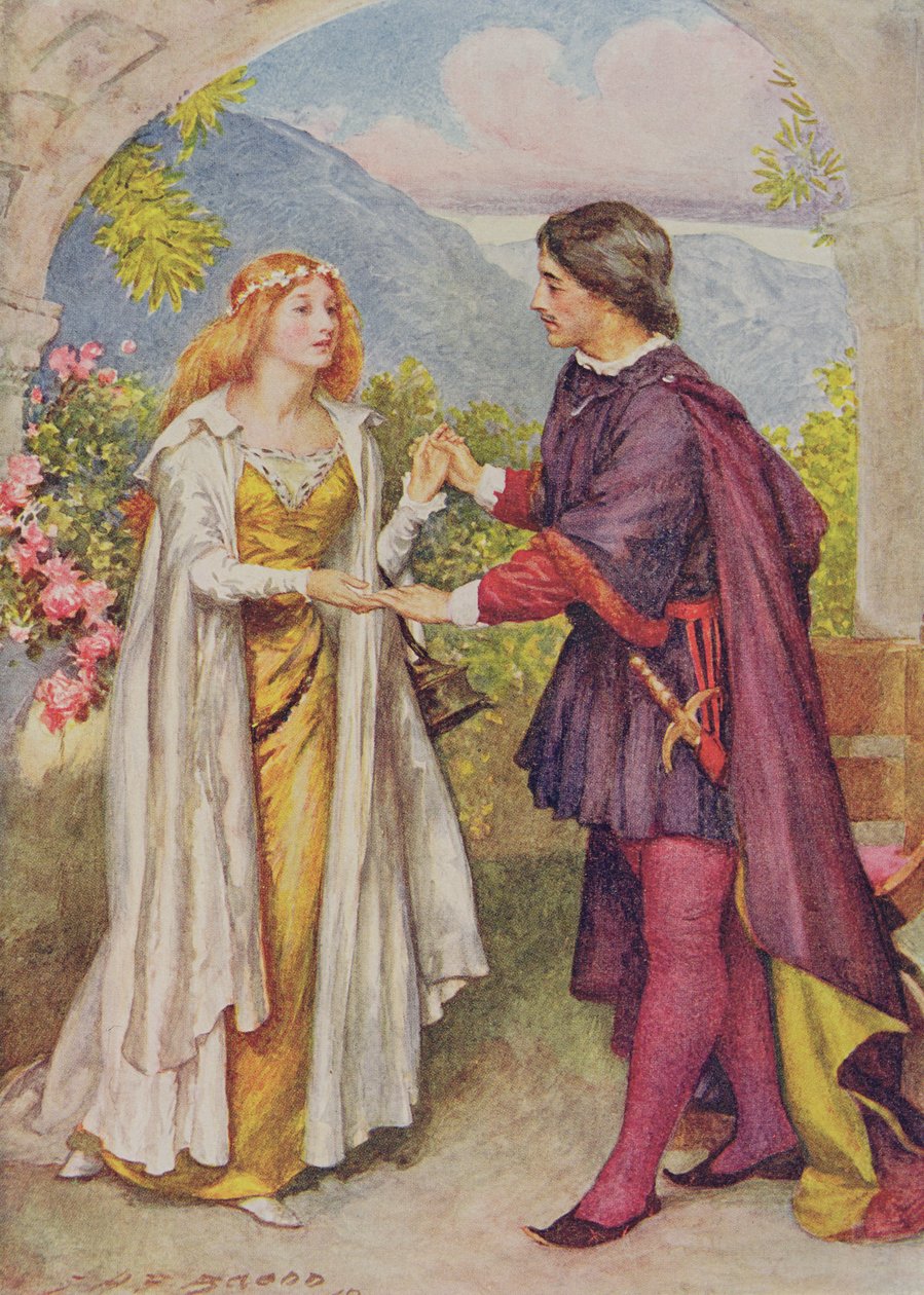 Hamlet ja Ophelia Edith Nesbitin (1858-1924) pubista "Shakespearen lasten tarinoita". kirjoittanut Raphael Tuck und Sons Ltd., Lontoo (kirjan kuvitus) tekijältä John Henry Frederick Bacon