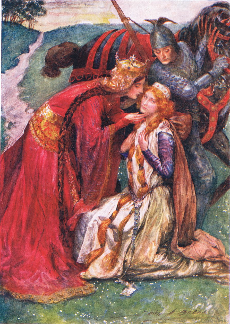 Kuningatar Guinevere toivottaa Enidin tervetulleeksi, kuvitus Nora Chessonin teokseen "Tennysonin lasten tarinoita" tekijältä John Henry Frederick Bacon