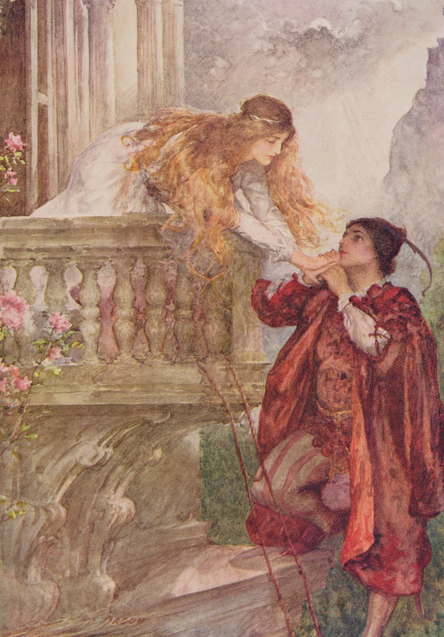 Romeo ja Julia Edith Nesbitin (1858-1924) pubista "Shakespearen lasten tarinoita". kirjoittanut Raphael Tuck und Sons Ltd., Lontoo (kirjan kuvitus) tekijältä John Henry Frederick Bacon