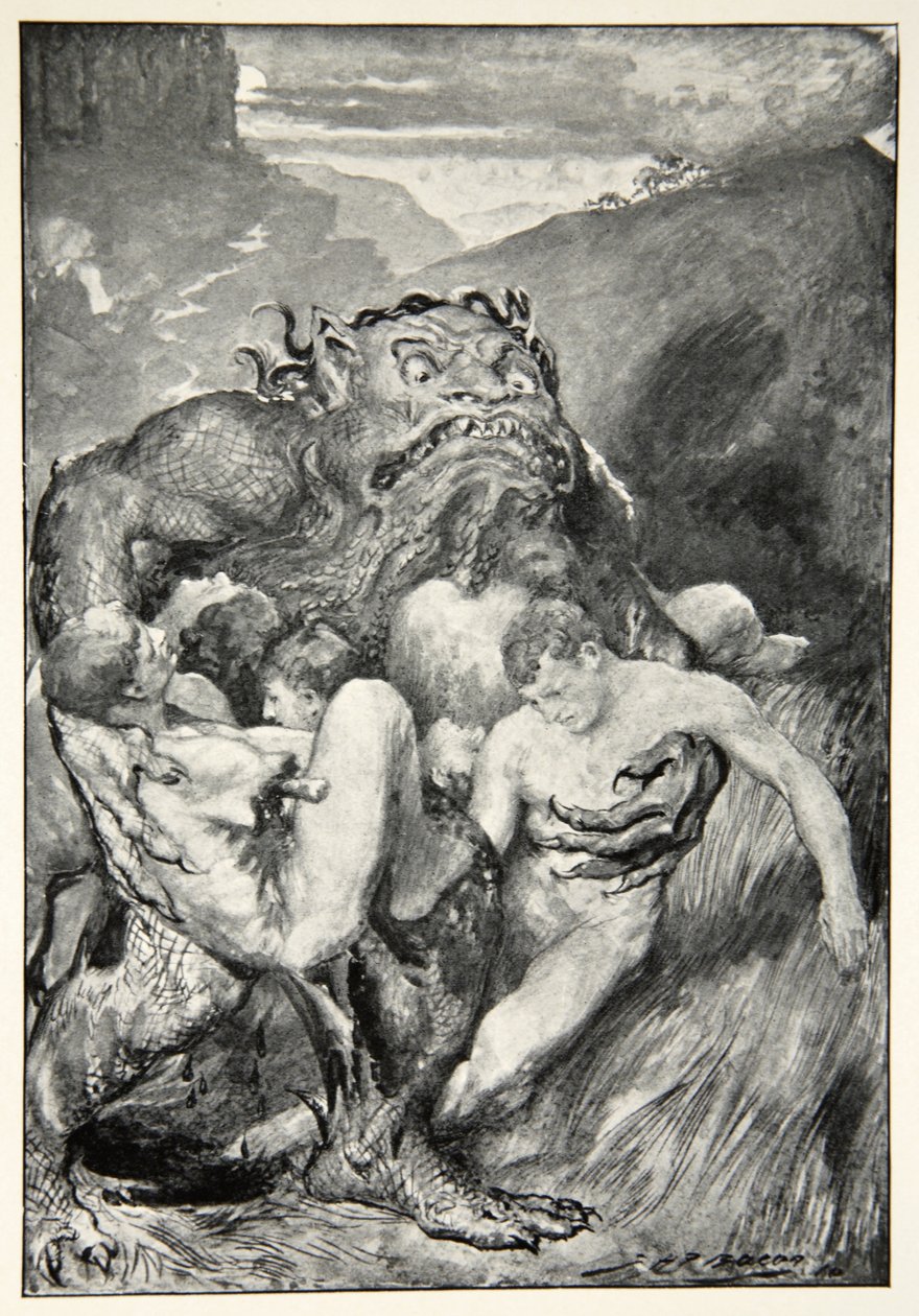 Pahan demoni raivokkaalla raivollaan tarttui niihin ahneesti, M.I.:n teoksesta Hero Myths and Legends of the British Race. Ebbutt, 1910 tekijältä John Henry Frederick Bacon