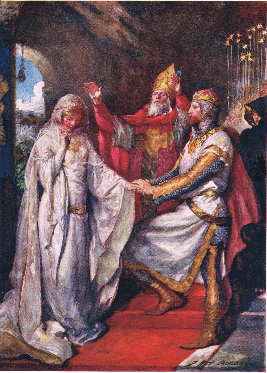Kuningas Arthurin ja kuningatar Guineveren häät, kuvitus Nora Chessonin teokseen "Tennysonin lasten tarinoita" tekijältä John Henry Frederick Bacon