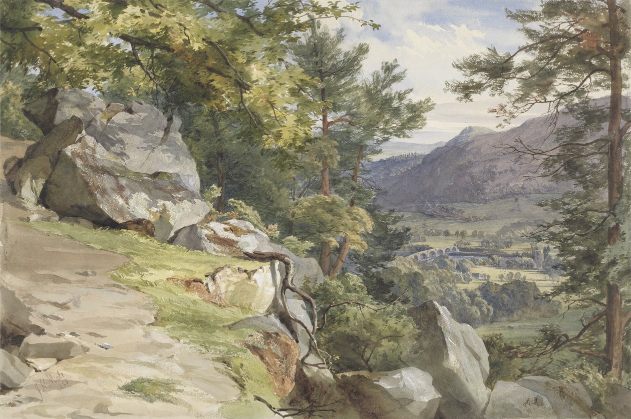 Näkymä Craig-y-Barnsiin, Dunkeld, Looking South, 1855 (wc ja vartaloväri paperilla) tekijältä John Henry Mole