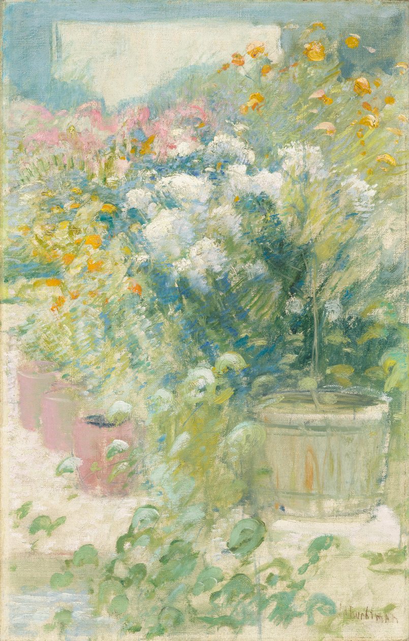 Kasvihuoneessa, n. 1895 (öljy kankaalle) tekijältä John Henry Twachtman