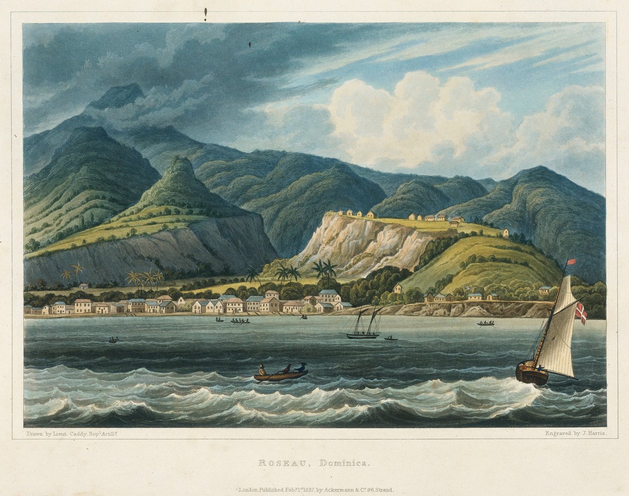Roseaun kaupunki, Dominique (Caraibes). Luutnantti John Herbert Caddyn (1801-1883) litografia (32,2x46,6 cm). tekijältä John Herbert Caddy