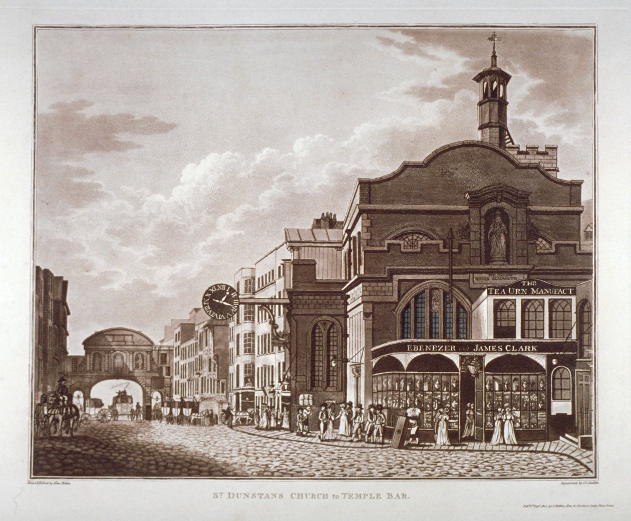 Fleet Street St Dunstanista lännessä Temple Bariin, Lontoon kaupunkiin, 1802 tekijältä John Hickin