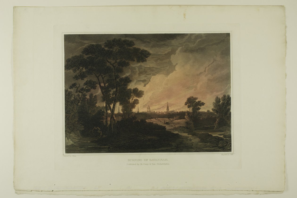 Burning of Savannah, levy neljä toisesta Picturesque Views of American Scenery -kuvasta tekijältä John Hill