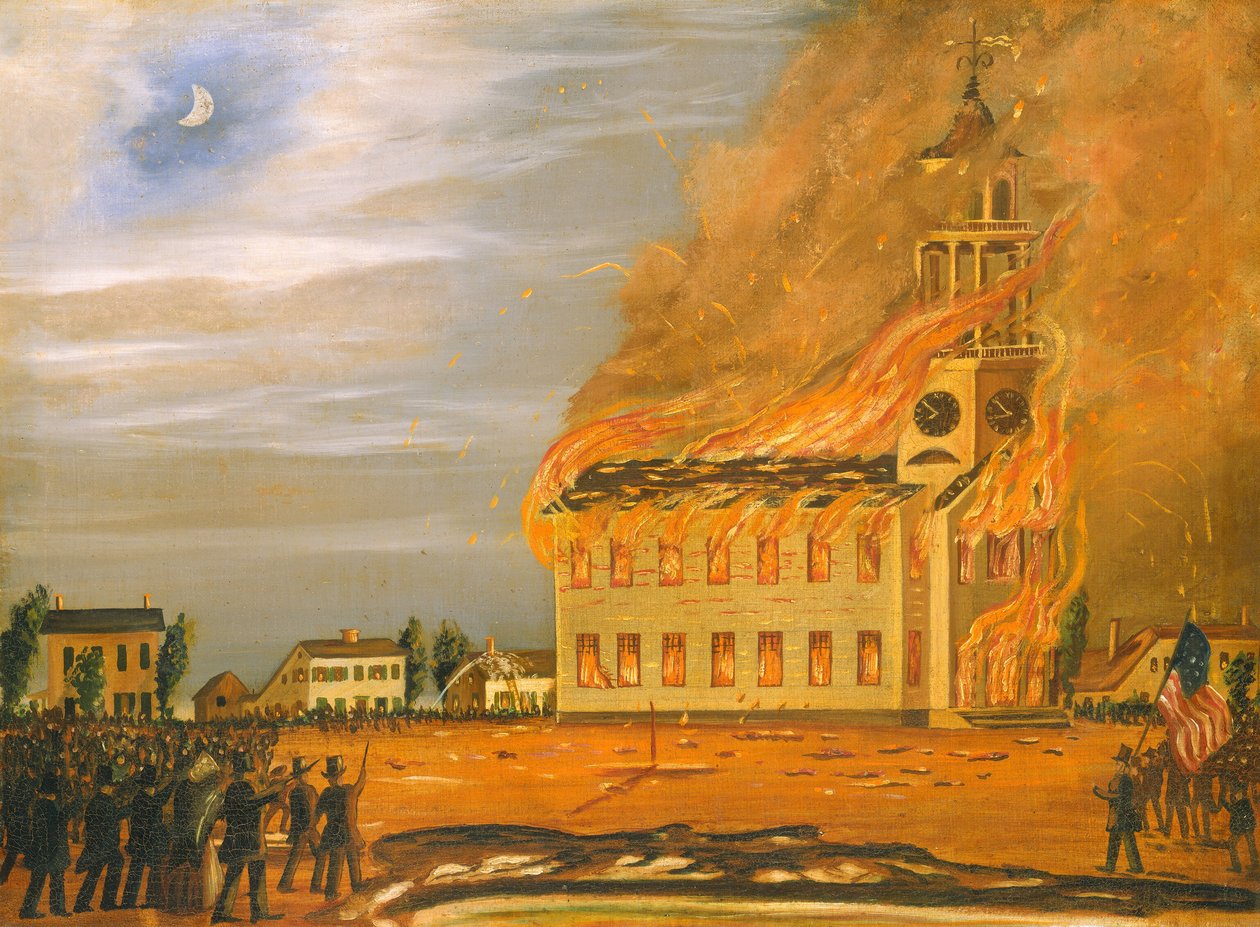 Vanhan eteläkirkon palaminen, Bath, Maine, n. 1854. tekijältä John Hilling