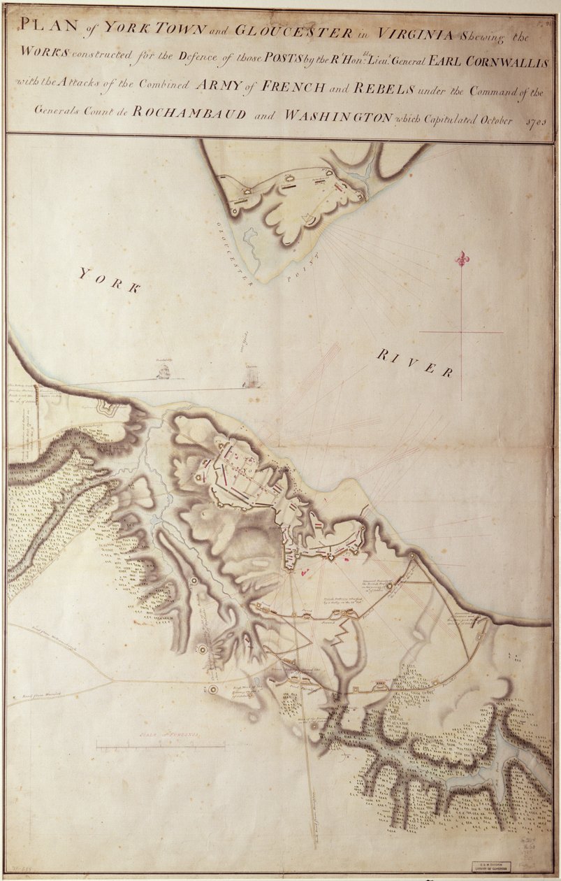 Brittiläinen kartta Yorktownin piirityksestä, 1781 tekijältä John Hills