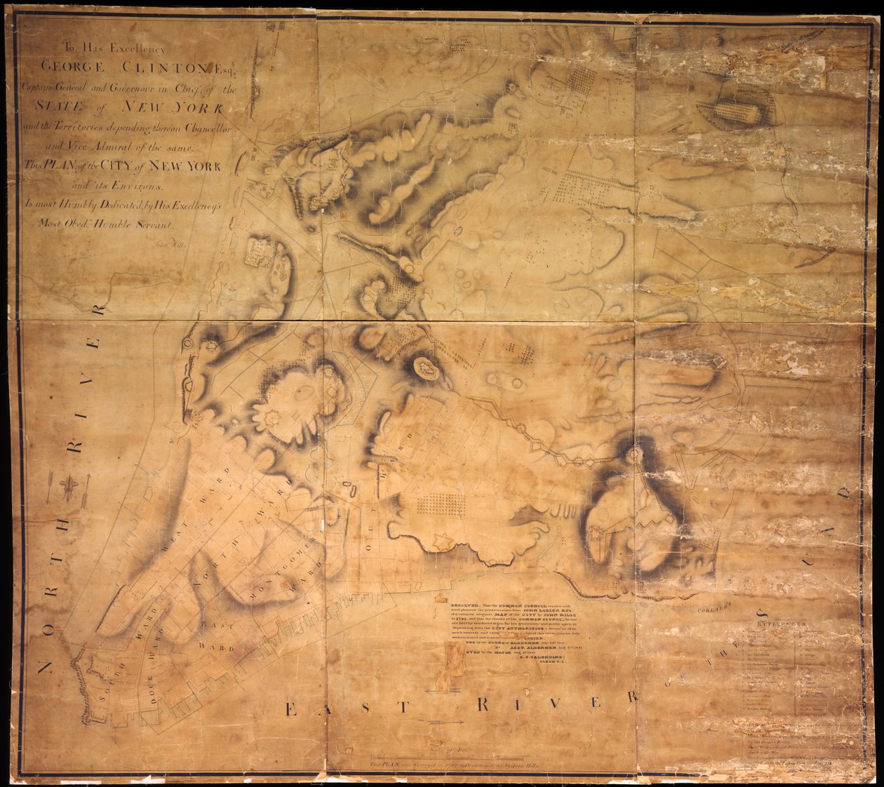 Hänen ylhäisyydelleen George Clintonille, Esq. . . . Tämä New Yorkin kaupungin ja sen ympäristön suunnitelma . . ., 1785 (musta ja värillinen muste, musta lyijykynä ja värillinen pesu kankaalla varustetulle paperille) tekijältä John Hills