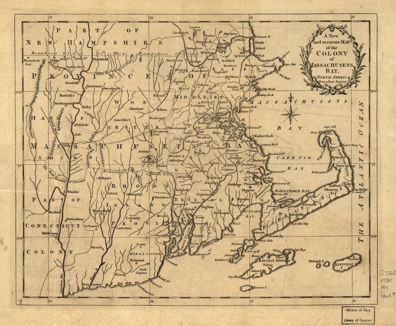 Uusi ja tarkka kartta Massachusetsin (eli Massachusettsin) lahden siirtokunnasta Pohjois-Amerikassa, myöhäisen kartoituksen perusteella. LOC 2001620337 tekijältä John Hinton