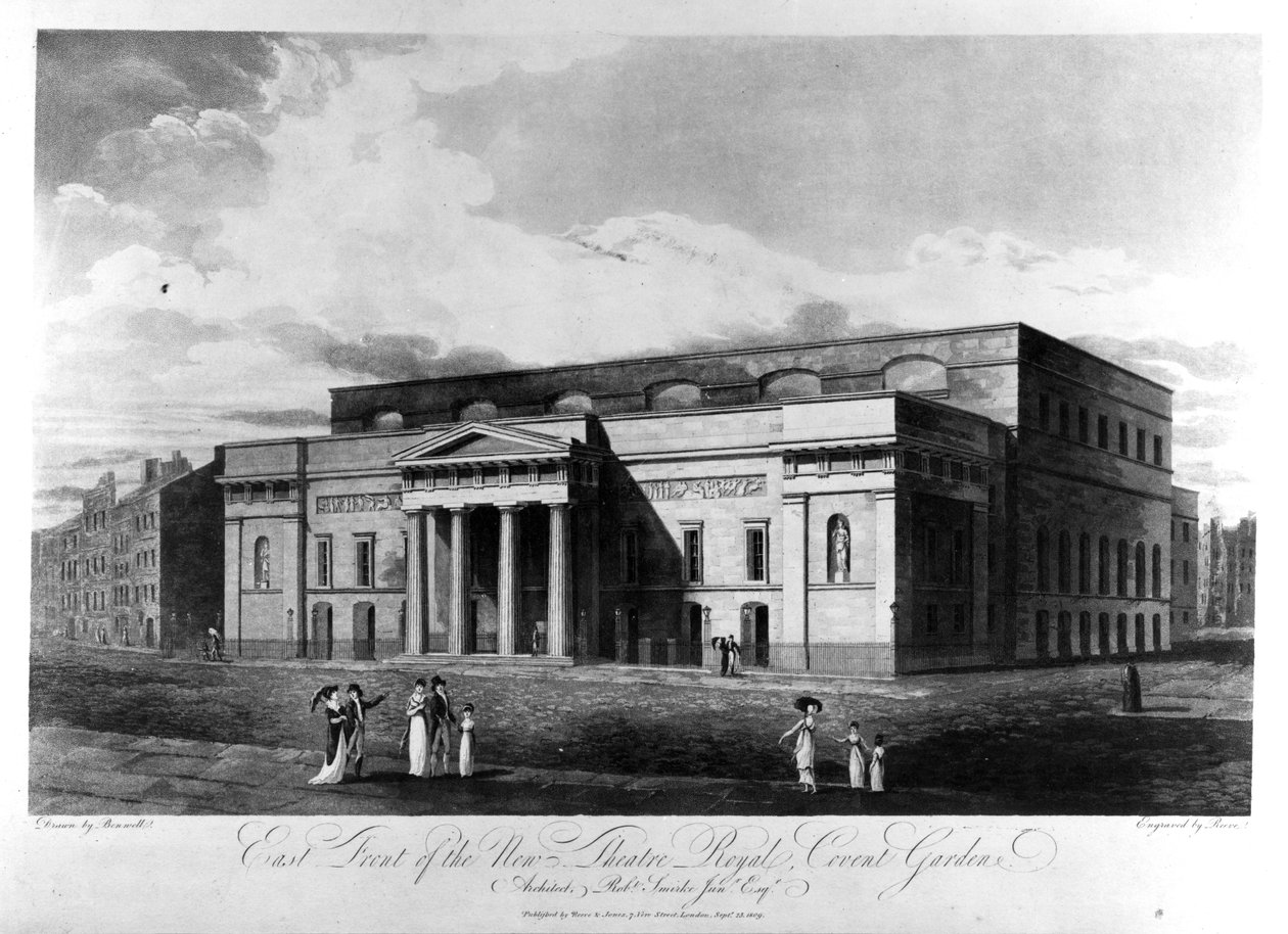 New Theatre Royalin itärintama, Covent Garden, kaiverrus Richard Reeve, 1809 tekijältä John Hodges Benwell