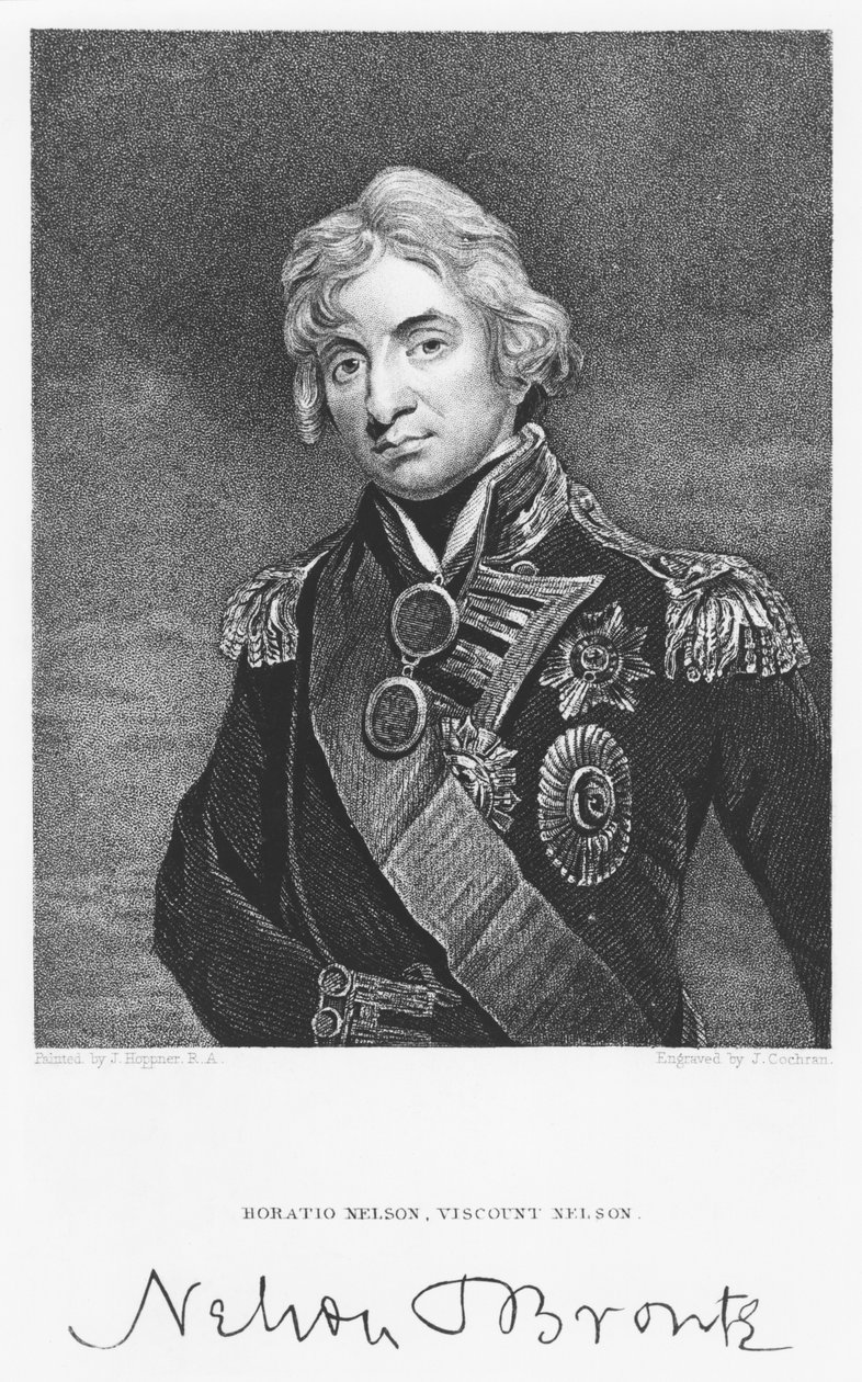 Amiraali Horatio Nelsonin muotokuva hänen allekirjoituksellaan, kaiverrus John Cochran (fl.1821-65) tekijältä John Hoppner
