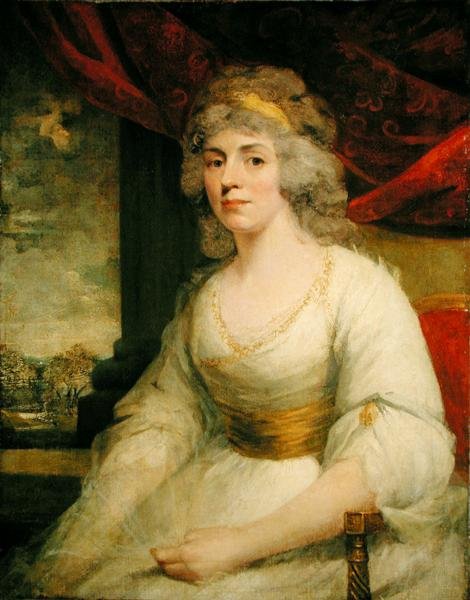 Muotokuva rouva Billingtonista istuvassa, kolme neljäsosaa pituudeltaan valkoisessa mekossa (öljy kankaalle) tekijältä John Hoppner