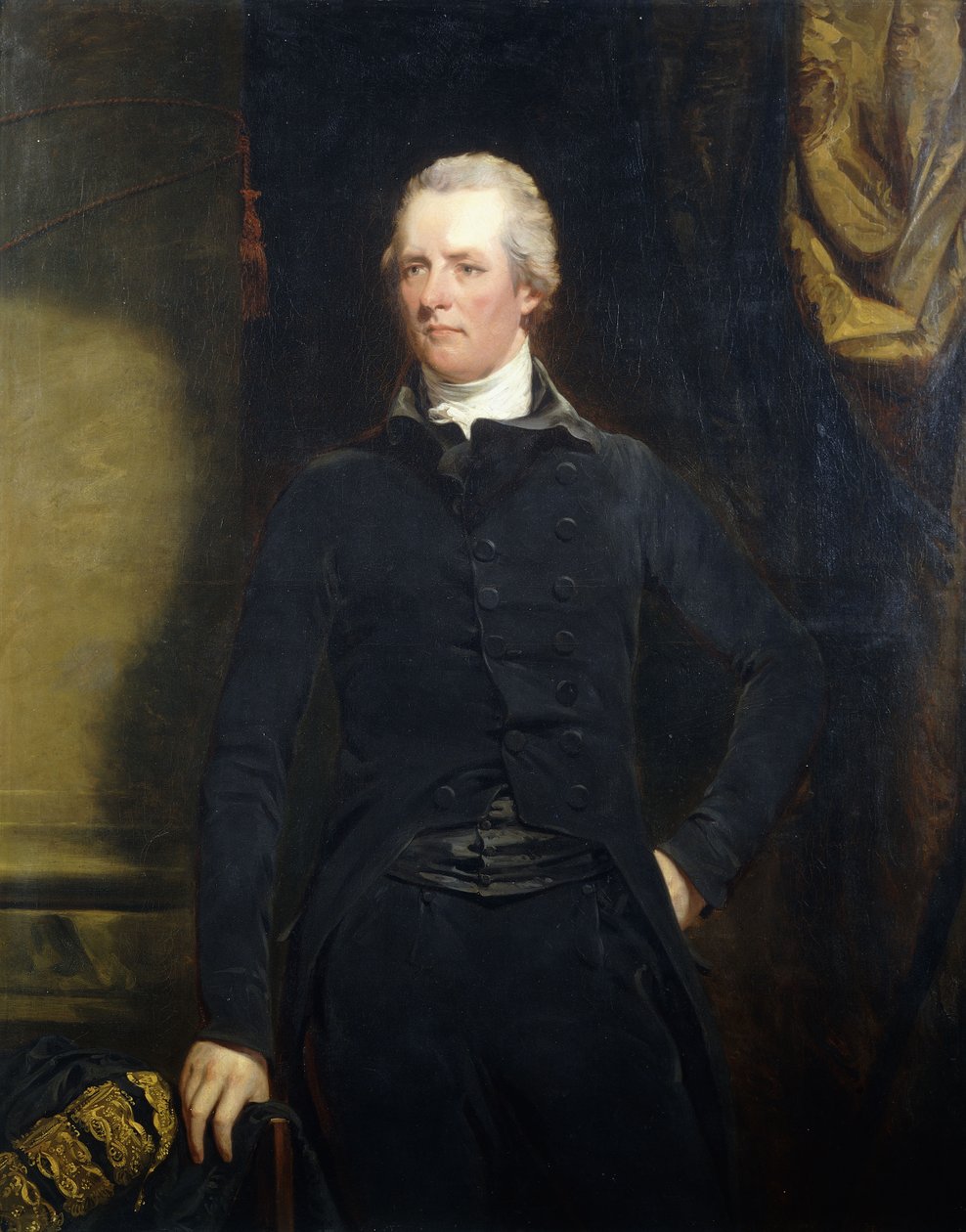 Muotokuva William Pittistä seisomassa kolme neljäsosaa tummassa takissa ja housuissa, tekijältä John Hoppner