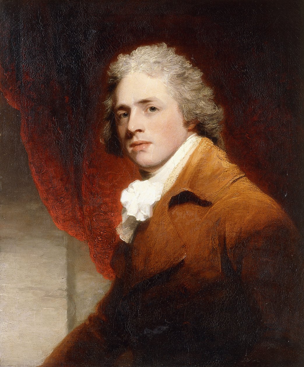 Muotokuva herrasmiehestä, puolipitkä, ruskea-valkoinen kangas, punainen verho takana, tekijältä John Hoppner