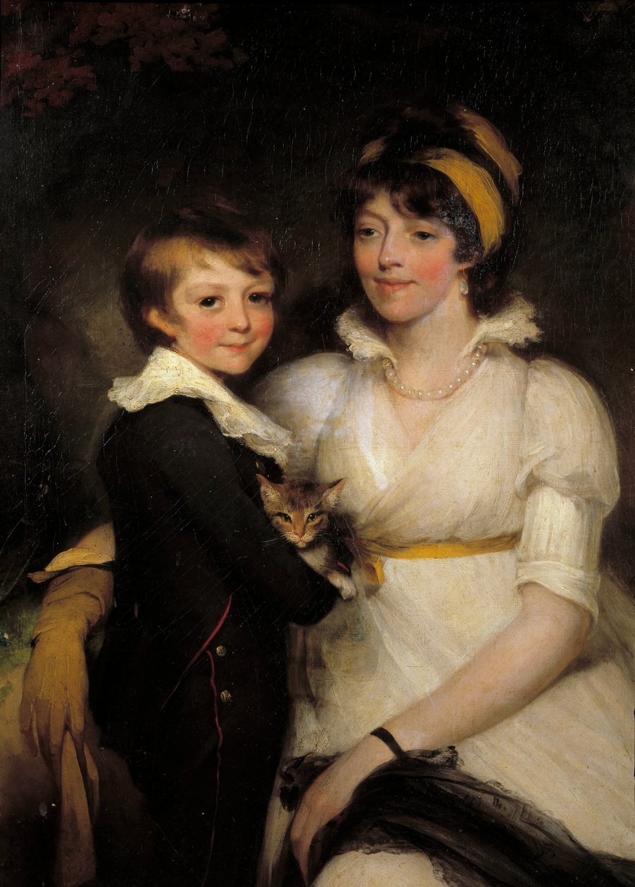 John Hoppnerin (1758-1810) maalaus Nuori nainen ja pikkupoika pitelemässä kissaa tekijältä John Hoppner