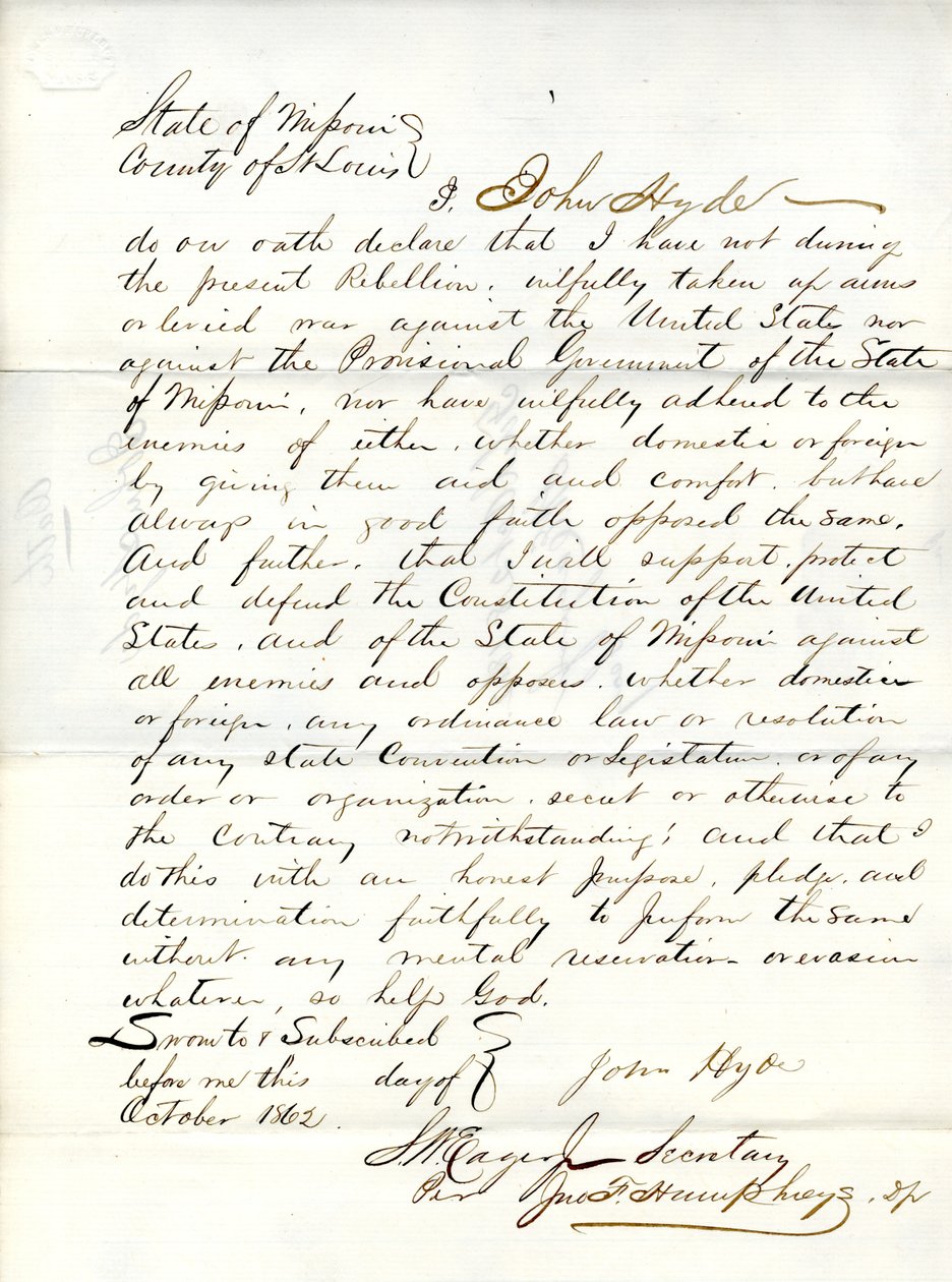 Uskollisuusvala John Hyde Missourista, St.Louisin kreivikunta tekijältä John Hyde