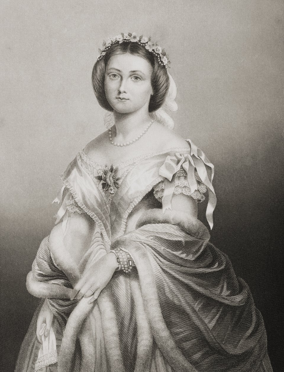 H.R.H. Prinsessa Victoria Adelaide Maria Louisa (1840-1901) Englannin kuninkaallinen prinsessa, kaiverrus D.J. Pound valokuvasta, "The Drawing-Room of Eminent Personages, Volume 2", julkaistu Lo-lehdessä tekijältä John Jabez Edwin Paisley Mayall