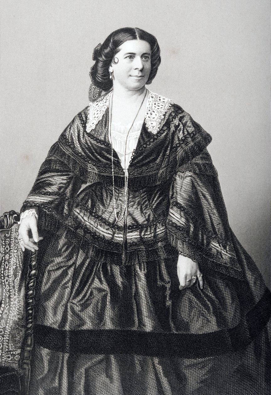 Madame Anna Bishop (1810-84), D.J. Poundin valokuvasta kaiverrettu, Lontoossa 1860 julkaistusta teoksesta "The Drawing-Room of Eminent Personages, Volume 2". tekijältä John Jabez Edwin Paisley Mayall