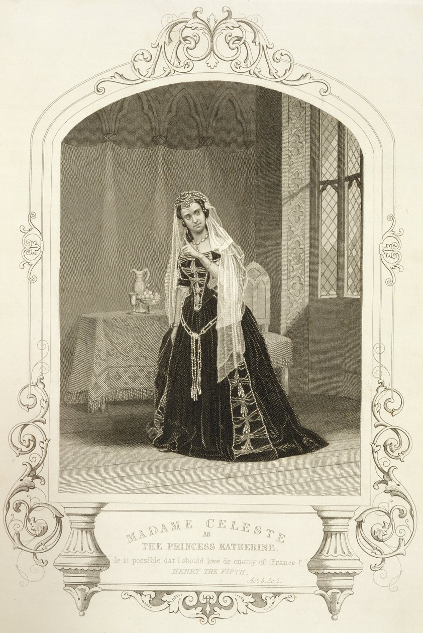 Madame Celeste prinsessa Katherinena, Henry V:n V näytös, kohtaus 2, dagerrotypiasta, kaivertanut George Hollis (1792-1842), pub. Kirjailija: John Tallis und Co. tekijältä John Jabez Edwin Paisley Mayall