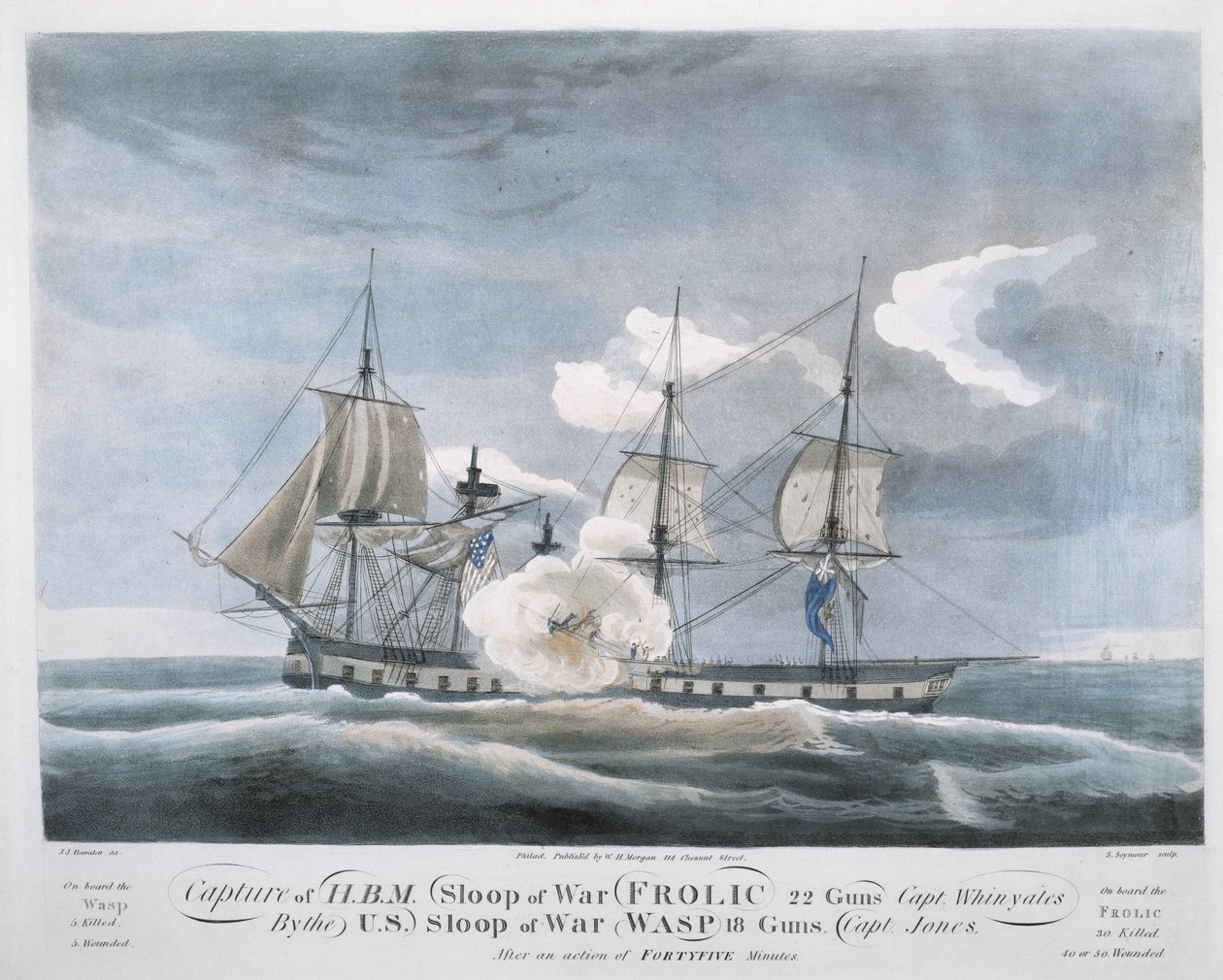 H.B.M. Sloop of War FROLIC, 22 Guns, kapteeni Whinyates, USA:n Sloop of War WASP tekijältä John James (after) Barralet