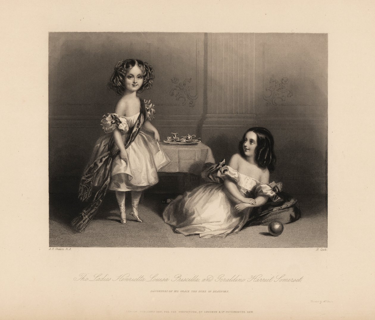 Henrietta Louisa Priscilla ja Geraldine Harriet Somerset, Henry Somersetin, Beaufortin 7. herttuan tyttäret. Kaksi tyttöä olkapäillä nauhoitetussa mekossa, hiukset sormuksissa, leikkivät lelu-teeastialla ja pallolla. Teräskaiverrus H. Cook sairauden jälkee tekijältä John James (after) Chalon
