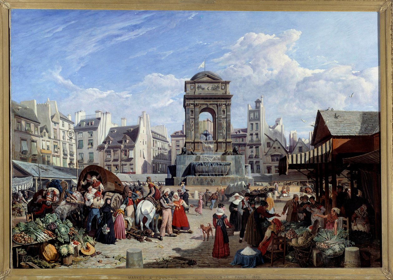 Markkinat ja viattomien lähde Pariisissa John James Chalonin (1778-1854) maalaus 1822 su. 1,06 x 1,52 m Pariisi, Carnavalet-museo tekijältä John James Chalon