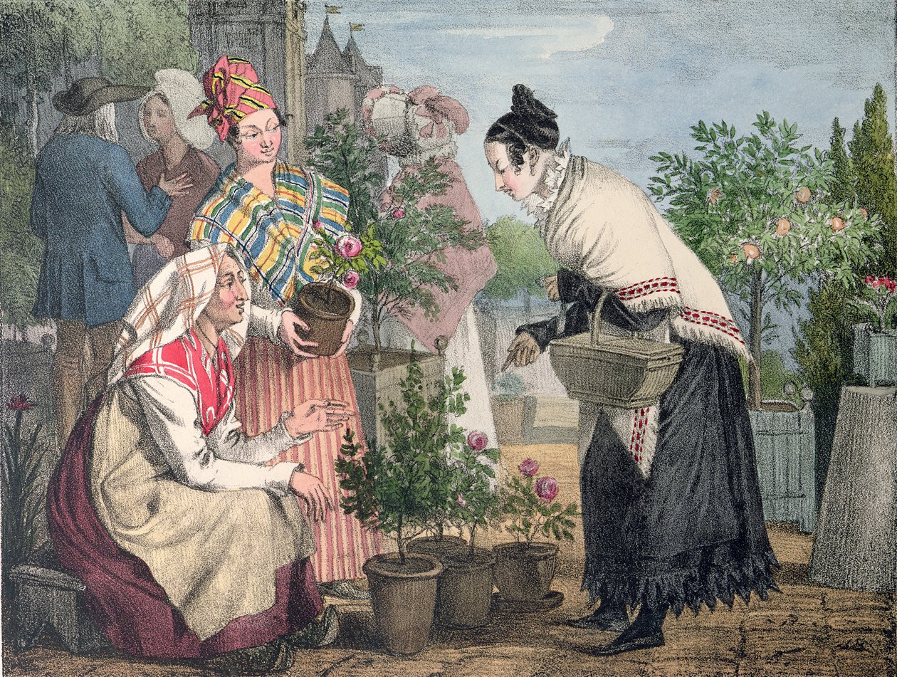 Kukkamarkkinat, Pariisi, kaivertaja Charles Joseph Hullmandel (1789-1850), julkaistu 1821. tekijältä John James Chalon