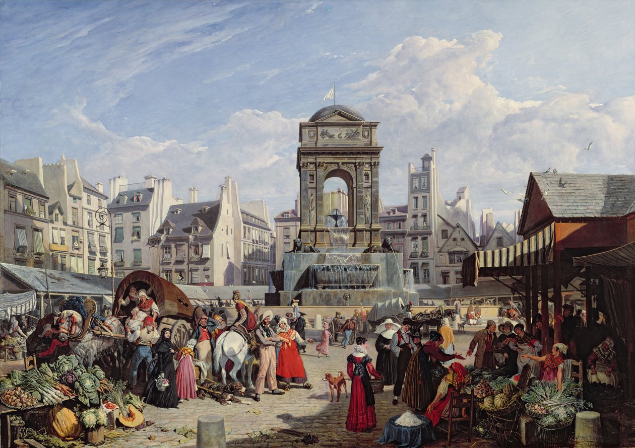 The Market and Fountain of Innocents, Pariisi, 1823 tekijältä John James Chalon