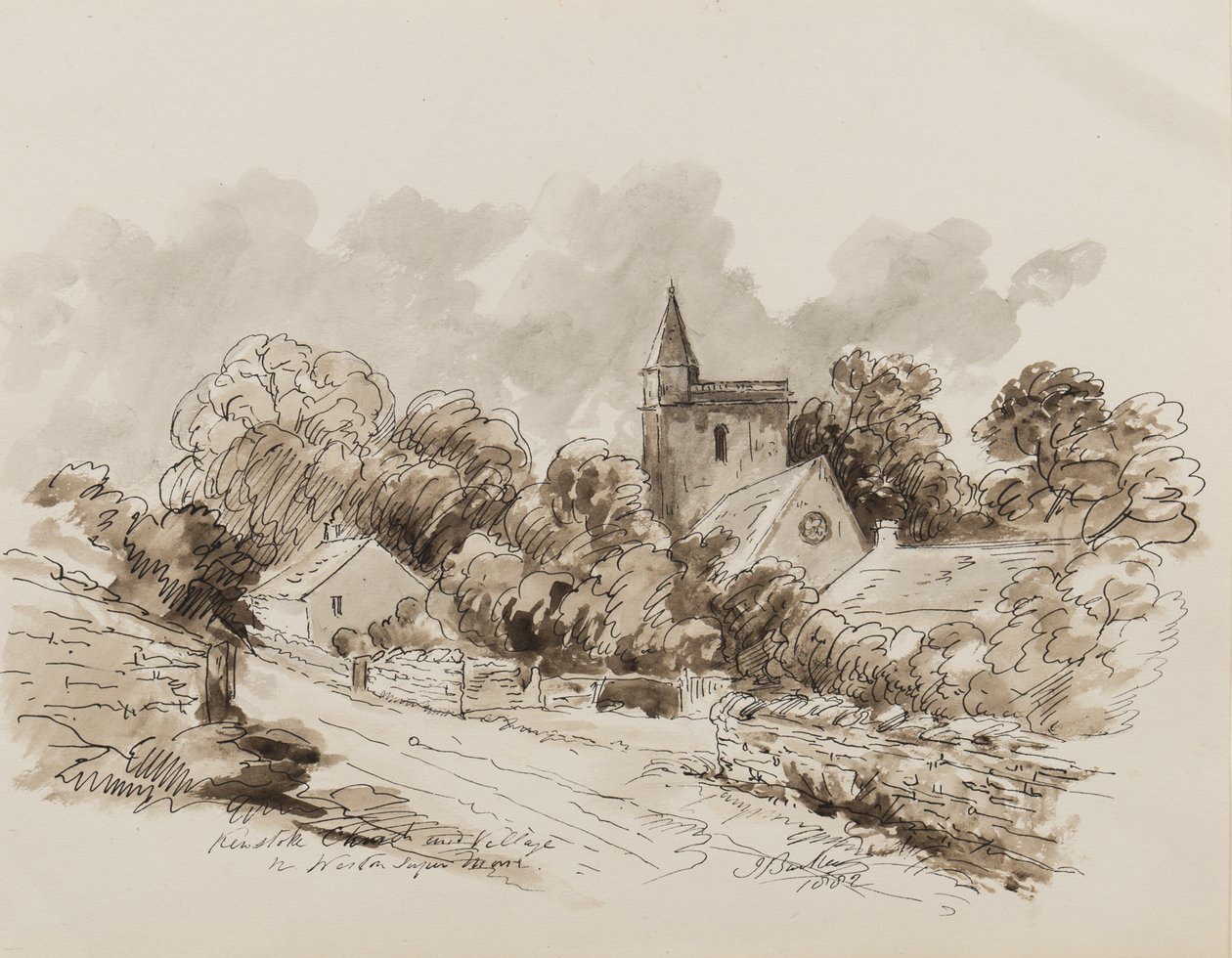 Kewstoke Church and Village, Weston Super Mare, Somerset, 1882 (kynä, sivellin ja muste paperille) tekijältä John Joseph Barker