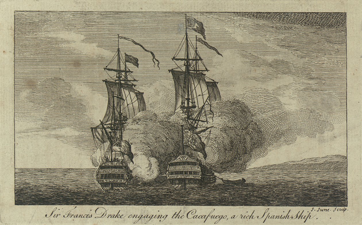 Sir Francis Drake ottaa kiinni rikkaan espanjalaisen Cacafuego-aluksen. tekijältä John June
