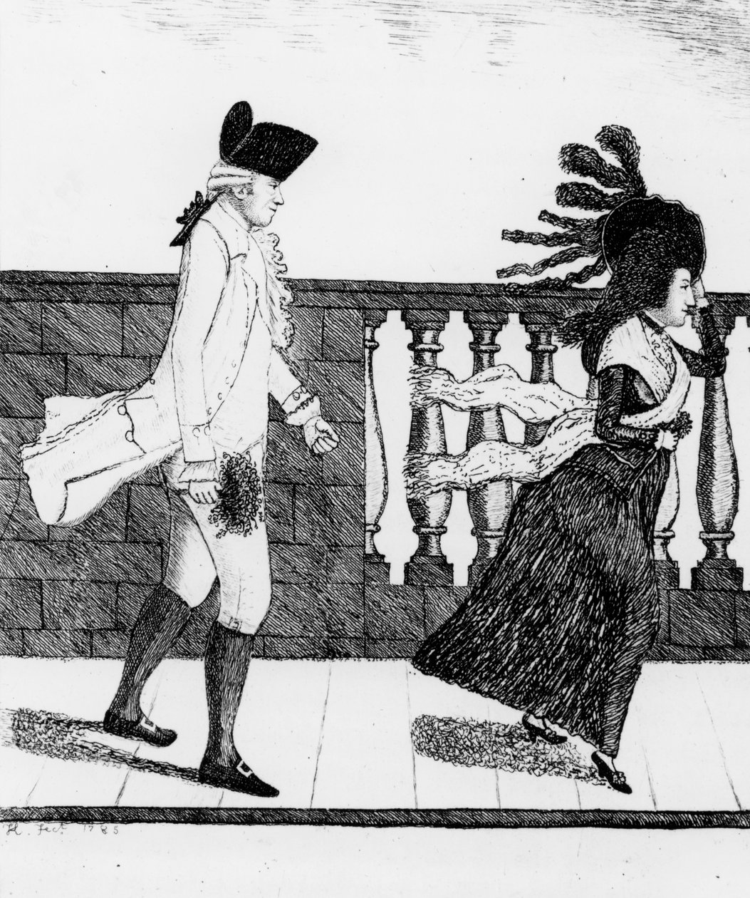 Tohtori James Graham kulkee pohjoissiltaa pitkin kovalla tuulella, 1785 tekijältä John Kay