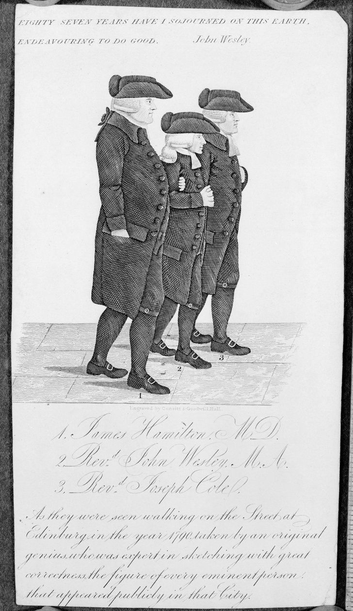 John Wesley kävelee Edinburghissa James Hamilton M.D.:n ja Joseph Colen välissä tekijältä John Kay