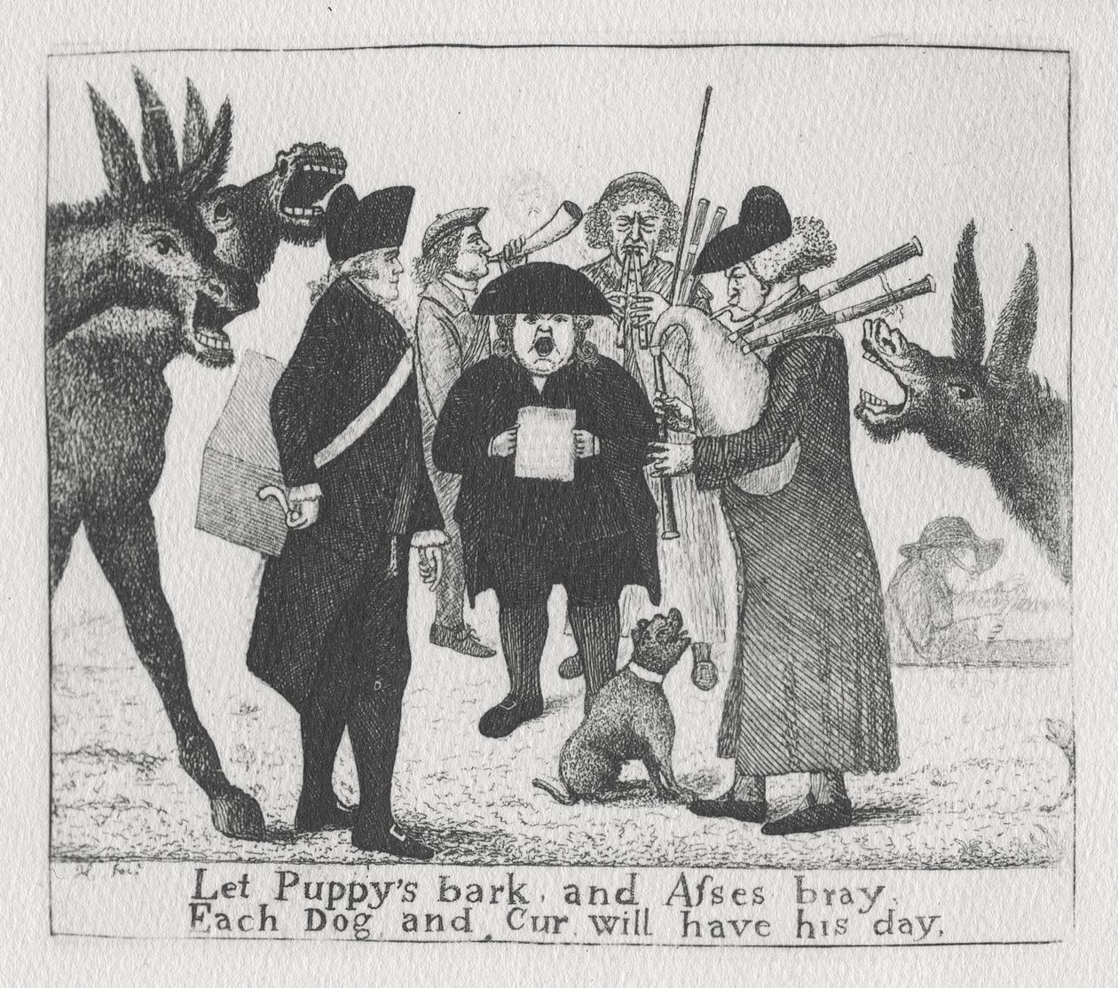 Anna pentujen haukkua ja aasien haukkua, jokaisella koiralla ja curilla on päivänsä, 1784 tekijältä John Kay