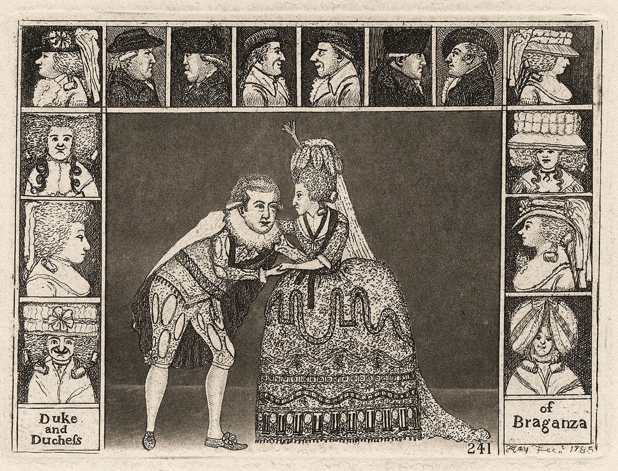 Mary Ann Yates ja Laurence Clinch esittävät Braganzan herttua ja herttuatarta Braganzassa yleisön jäsenten ympäröimänä. 1785 tekijältä John Kay