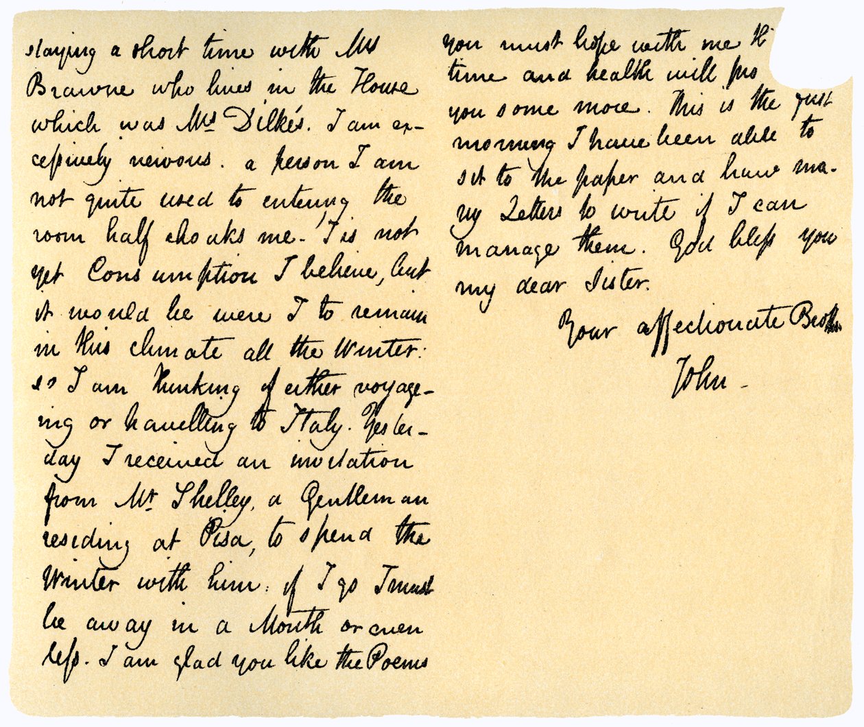 John Keatsin kirje sisarelleen Fanny Keatsille 14. elokuuta 1820 tekijältä John Keats