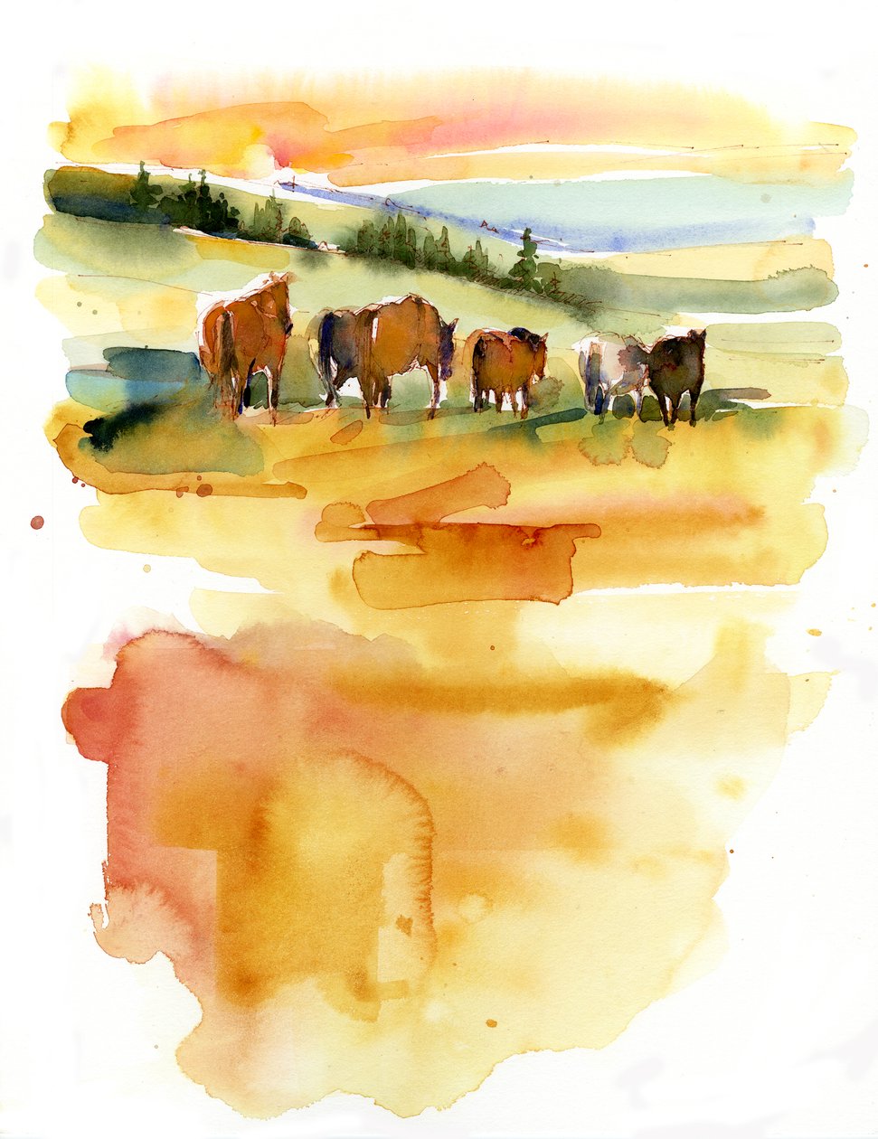 Hevosia auringonlaskussa, 2015, (akvarelli) tekijältä John Keeling