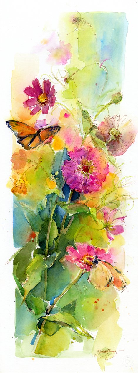 Zinniat ja perhoset, 2015, (akvarelli) tekijältä John Keeling