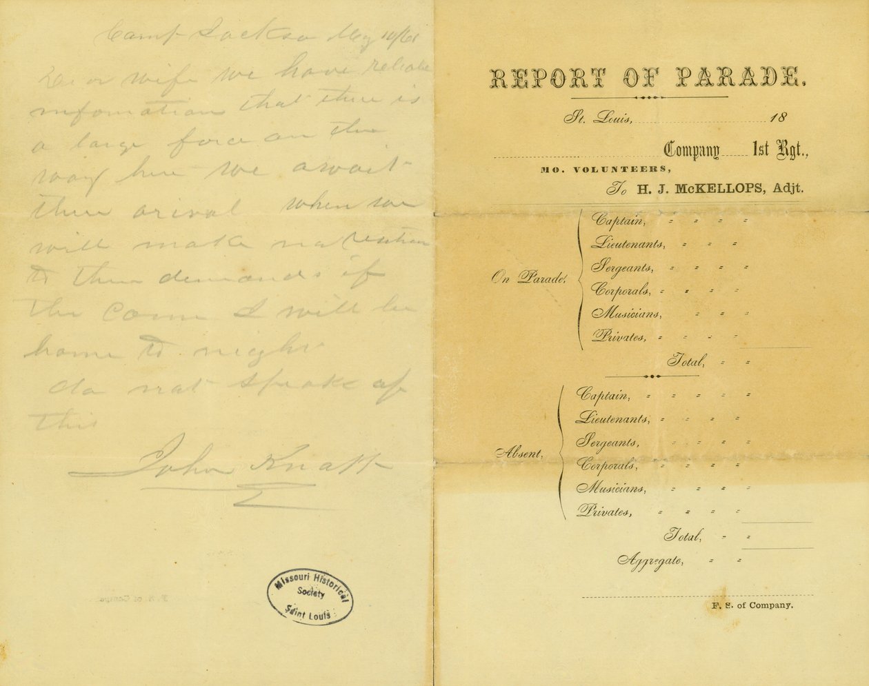 Kirje John Knappilta, Camp Jackson, vaimolleen, 10. toukokuuta 1861 tekijältä John Knapp