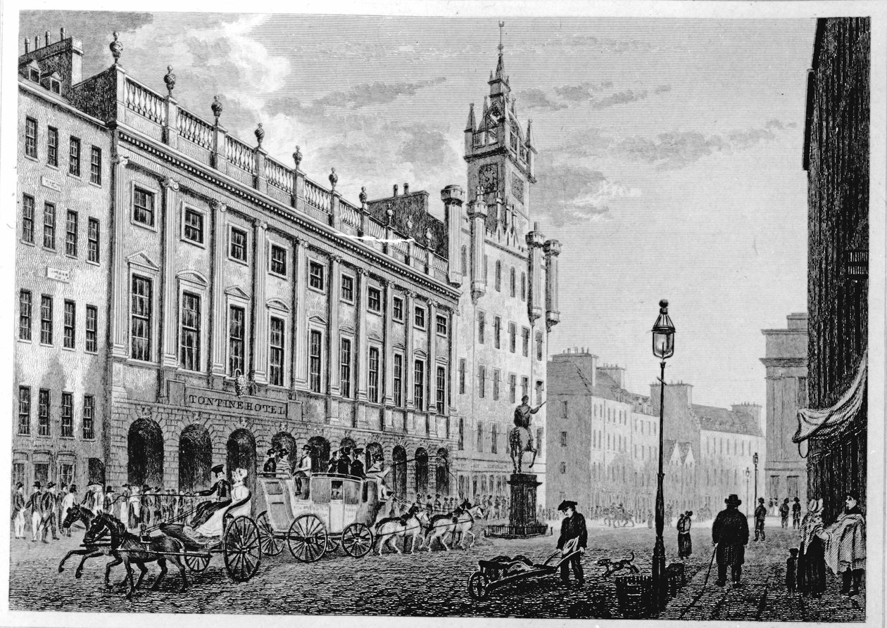 Näkymä kaupungintalolle, Exchange, Glasgow, kaiverrus Joseph Swan, 1828 tekijältä John Knox