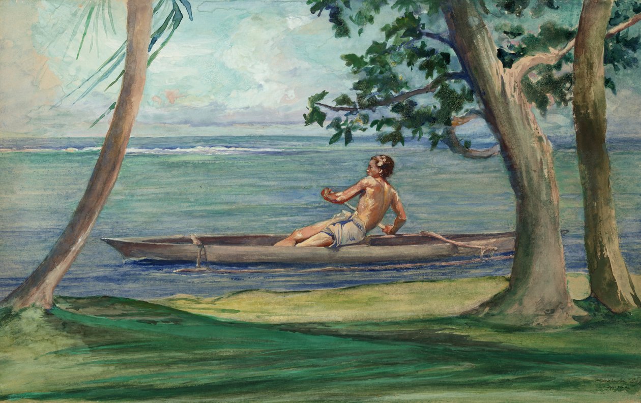 Poika kanootissa kulkemassa talomme edestä, Vaiala, Samoa tekijältä John La Farge