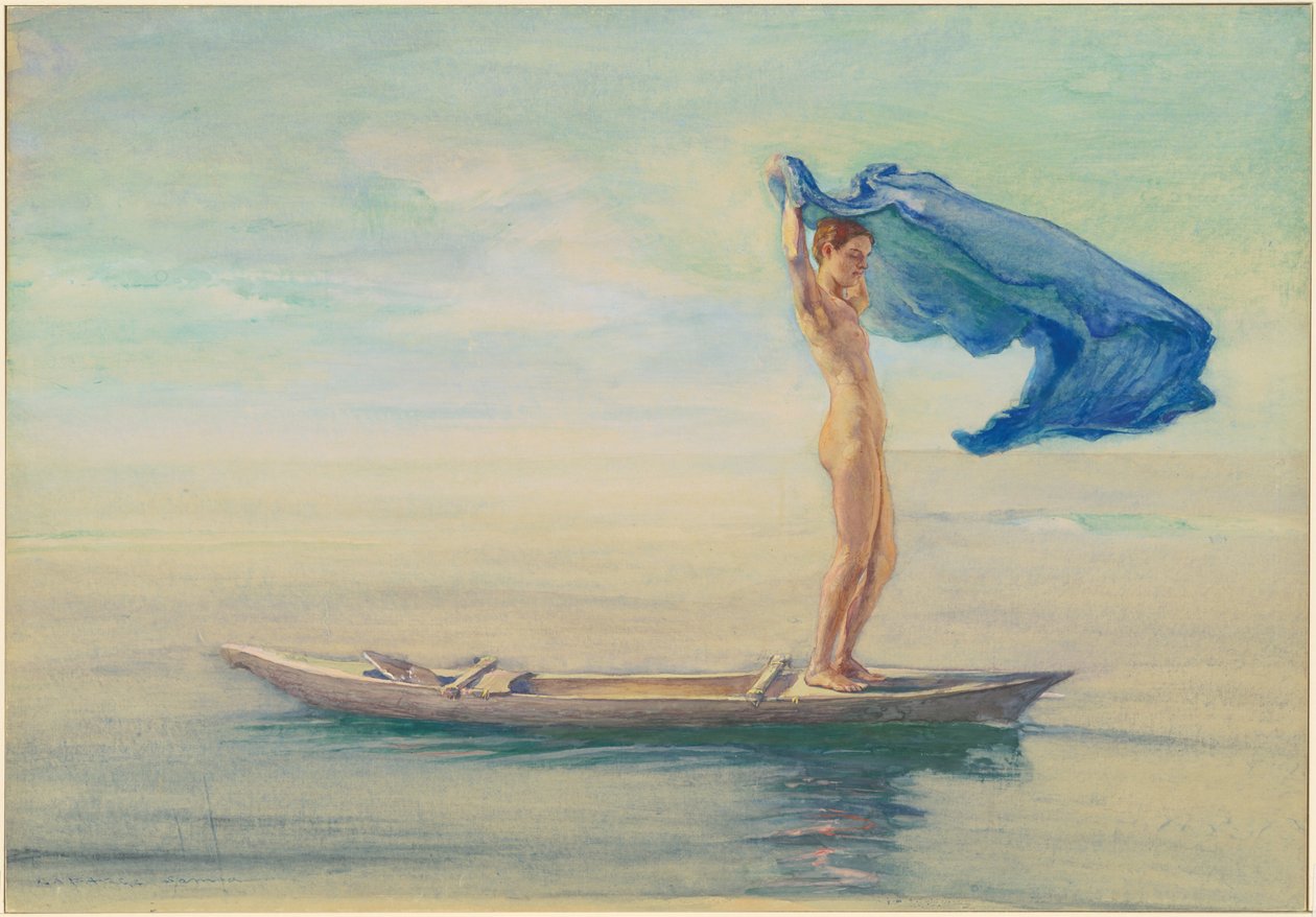 Tyttö kanootin keulassa levittelemässä lanteestaan purjeeseen, Samoa tekijältä John La Farge
