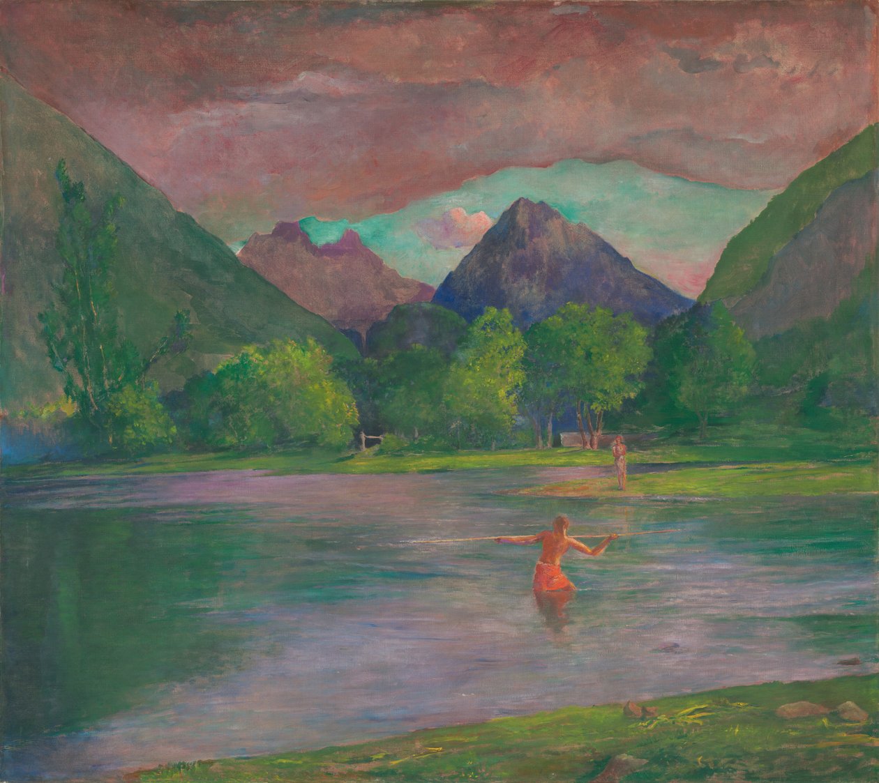 Tautira-joen sisäänkäynti, Tahiti. Kalastaja keihäs kalaa tekijältä John La Farge