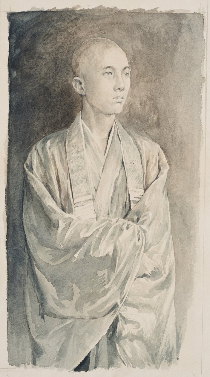 Muotokuva papista Lyemitsun temppelissä, Nikko, n. 1888 (seepiapesu paperille) tekijältä John La Farge or Lafarge